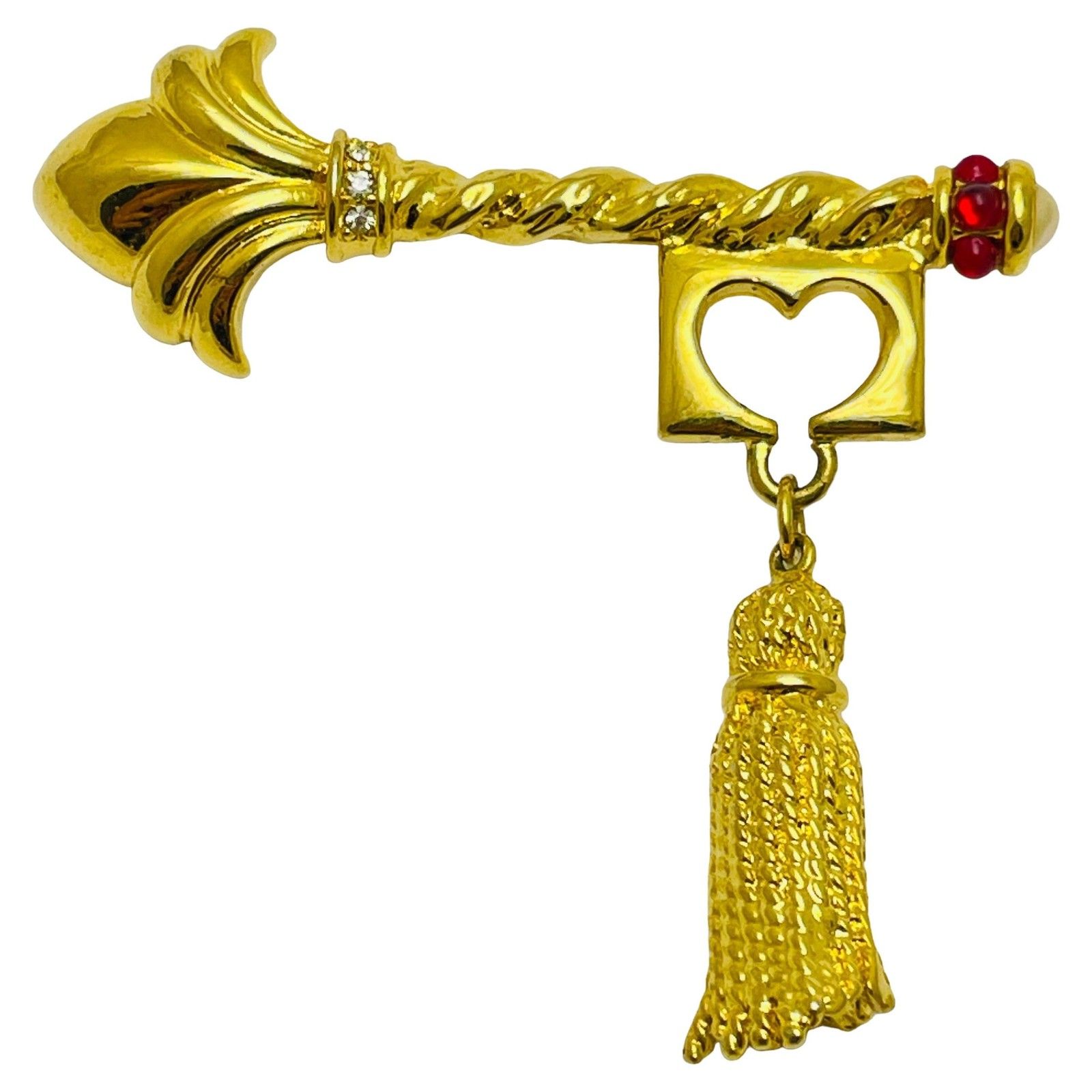 Vintage Gold Tone Rhinestone Key Heart Designer Brooch